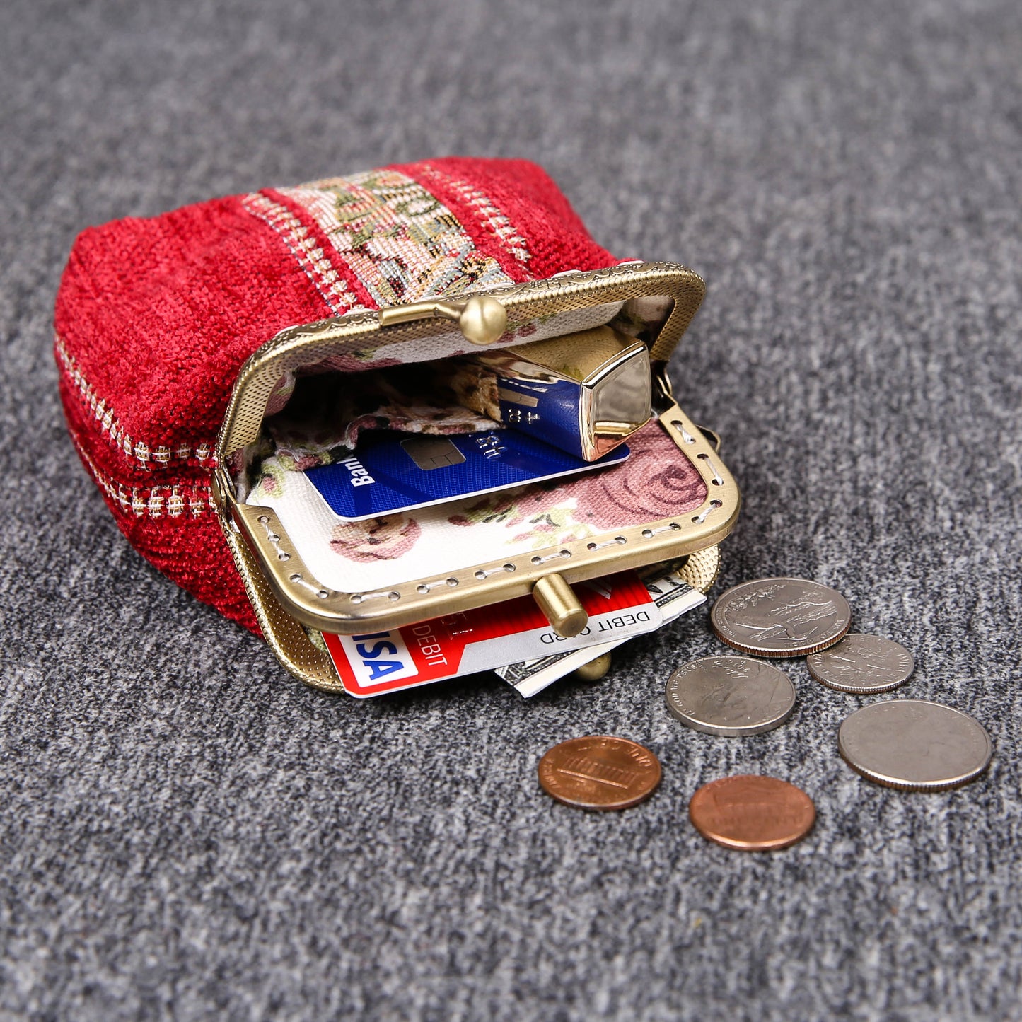 Vintage Carpet Coin Purse Double Kiss Lock<br>Floral Stripes