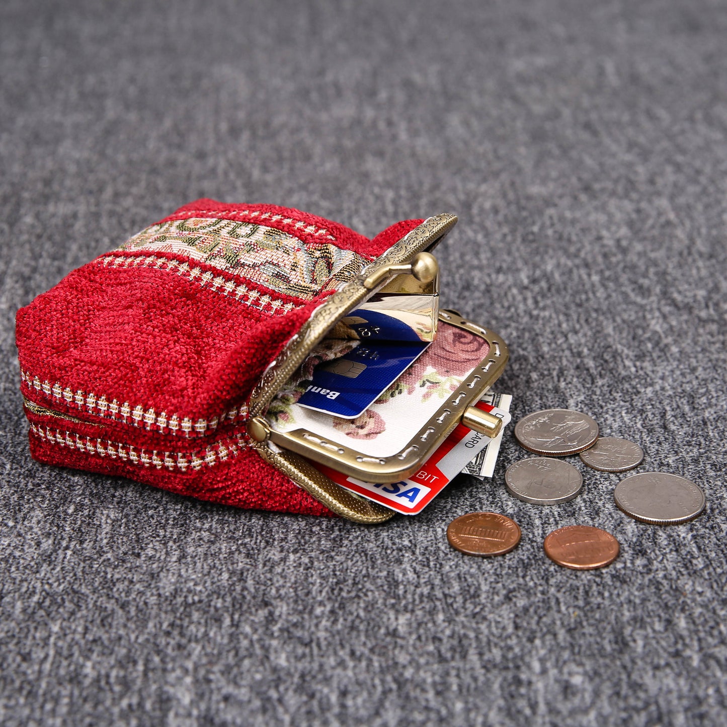 Vintage Carpet Coin Purse Double Kiss Lock<br>Floral Stripes