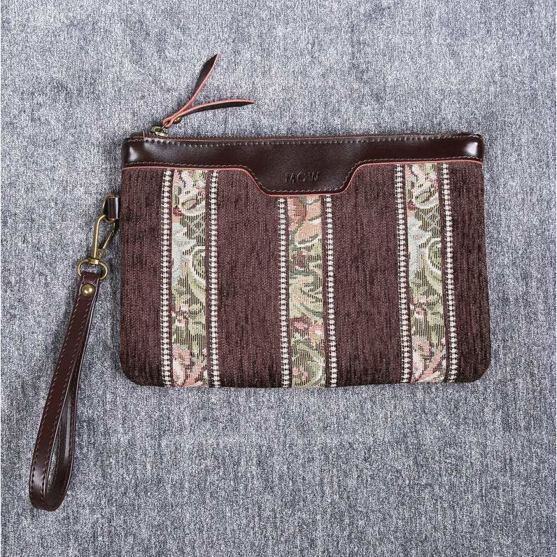 Carpet Clutch & Wristlet Floral Stripes Coffee