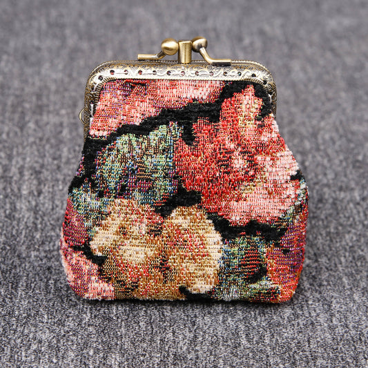 Vintage Carpet Coin Purse Double Kiss Lock<br>Floral Rose